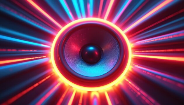 Audio speaker emits bright neon light rays. Abstract sound wave energy pulses outward. Modern graphic design for music events, parties, or tech themes. Vivid colors create dynamic party atmosphere.