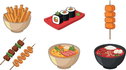 Cute Pixel Art Asian Street Food Set with Sushi, Ramen, Skewer, and Traditional Dishes for Menu and Restaurant Designs © MstSuraiya