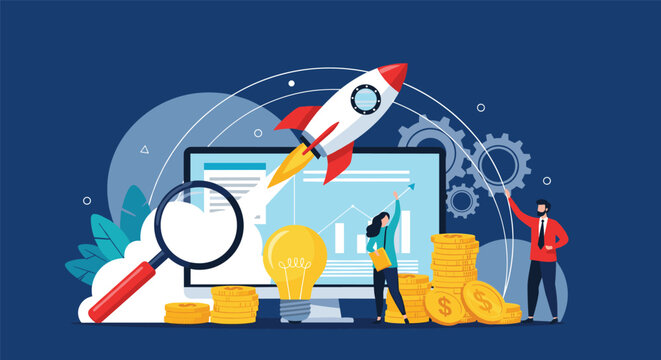 Conceptual illustration of a successful business startup showing a rocket launching from a computer screen with growth charts.
