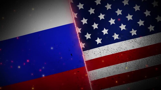 Flags of Russia and the United States with a dynamic grunge texture and a neon red line and glowing particles. Conflict concept. 4K