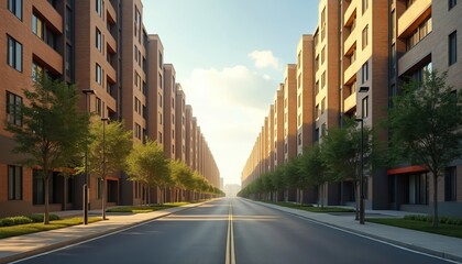 Obraz premium Straight empty asphalt road lined by tall brick apartment buildings with green trees. Sunny daytime scene creates symmetrical perspective leading to the horizon.