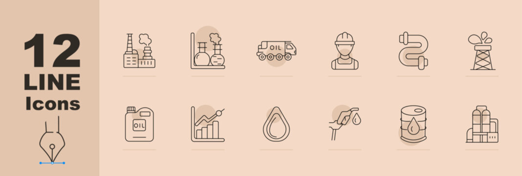 Oil industry and petroleum production line icons set with refinery, chemical lab, fuel truck, worker, pipeline, oil rig, lubricant bottle, growth chart, oil drop, nozzle, barrel and processing plant