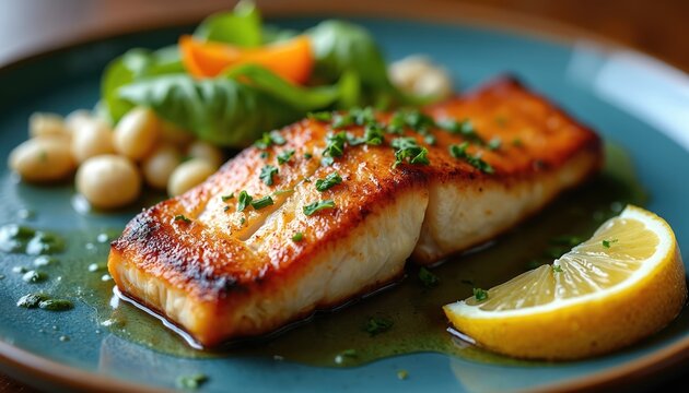 Crispy pan seared fish fillet served with small potatoes and green salad on blue plate. Juicy salmon steak with lemon wedge and herbs, healthy seafood meal. Delicious entree.