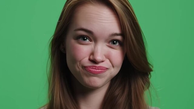 Young woman making playful pouty face on green screen.