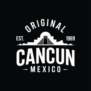 Vintage style graphic featuring the Mayan pyramid of Kukulkan in Cancun