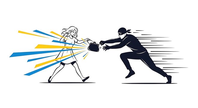Woman resisting purse snatch by thief in black, dynamic action scene