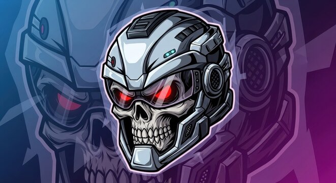 Cyberpunk Skull Illustration with Futuristic Helmet and Red Eyes.