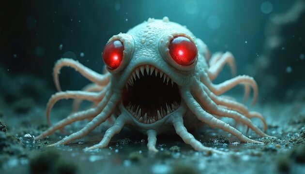 Monstrous alien microbe with sharp teeth and glowing red eyes. Tentacles spread wide, opening mouth to scare. Science fiction creature lurks in dark water.