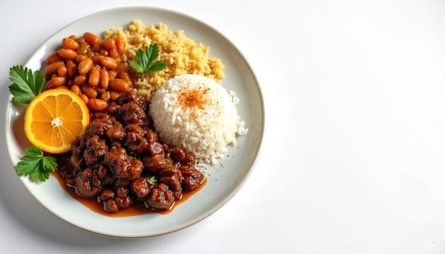 Brazilian meal prato feito includes rice beans stewed meat and orange slice. This cuisine offers balanced nutrition from diverse food groups. It is a simple yet satisfying daily dish.