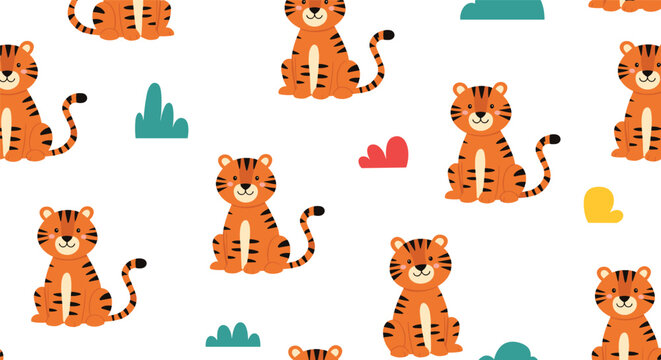 Seamless pattern with adorable cartoon tiger cubs sitting peacefully among colorful bushes on clean white background.
