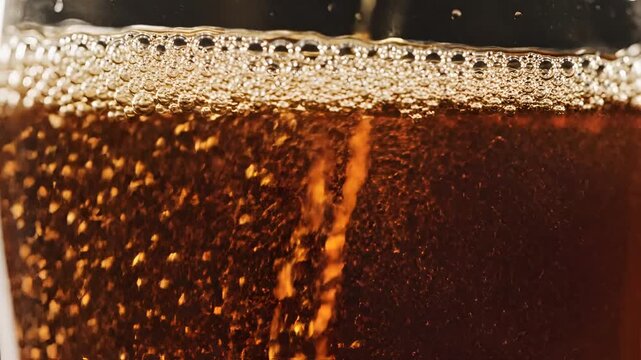 Close up of fizzy brown soda with bubbles rising in a glass.