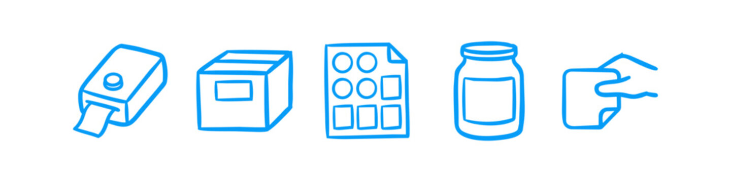 Hand-drawn blue icons of a label printer, shipping box, sticker sheet, jar, and hand applying a label. Minimalist doodle style for packaging, logistics, and home organization concepts.