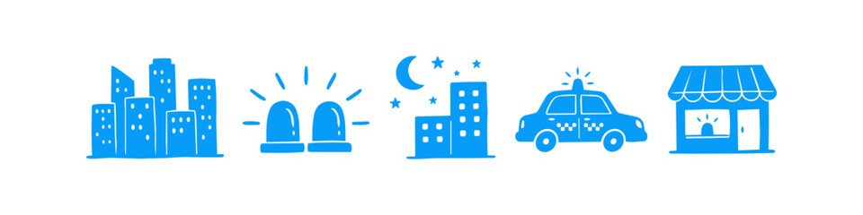 Hand-drawn blue icons featuring city buildings, emergency sirens, a night skyline with a moon, a police patrol car, and a storefront. Ideal for urban safety and community-themed graphic designs. © Nort Kor