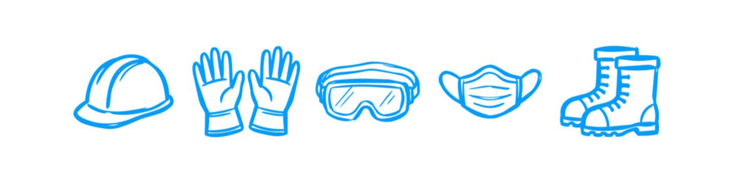 Blue hand-drawn doodle icons of personal protective equipment (PPE) including hard hat, gloves, safety goggles, face mask, and work boots on white background.