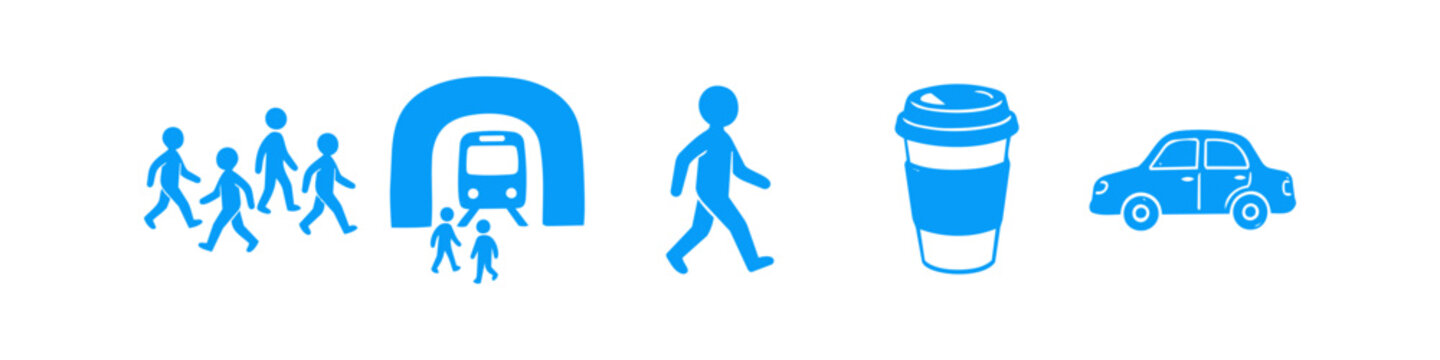 Blue flat icon set illustrating urban commuting: group walking, train leaving tunnel, pedestrian, coffee to go, and car. Ideal for transportation and daily routine concepts.