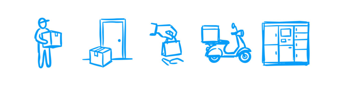 Blue hand-drawn delivery and logistics icons showing a courier with box, package at door, hand-to-hand transfer, delivery scooter, and self-service parcel locker station.