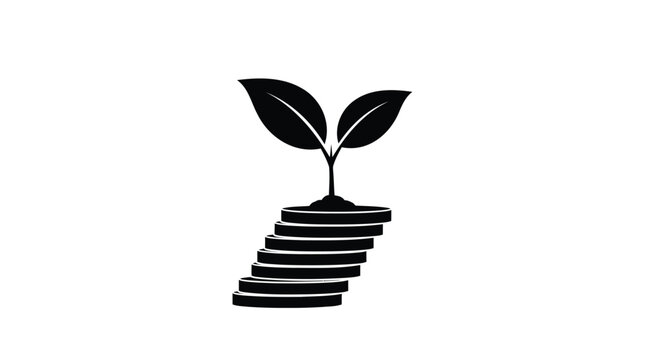 Black plant growing on stacked coins, finance growth, investment success, eco friendly