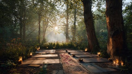 Naklejka premium outdoor meditation and sound healing space in a misty forest with yoga mats candles and singing bowls in morning light for celebrating international day of yoga