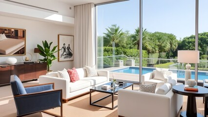 Fototapeta premium Modern Sunlit Living Room with Poolside View and Tropical 