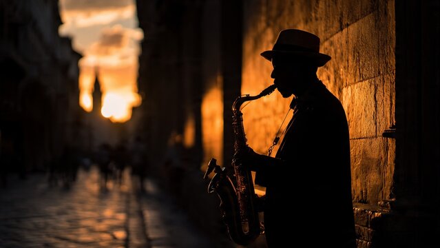silhouette of a musician in a fedora playing saxophone in an old european city alley at sunset celebrating world music day