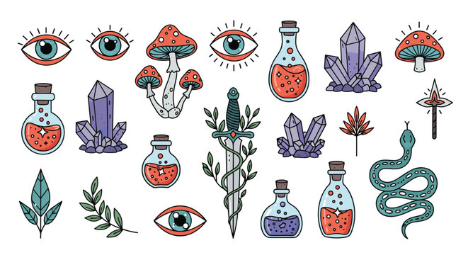 Collection of mystical and magical items including mushrooms potion bottles crystals eyes and enchanted sword.
