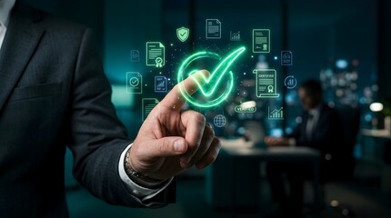 Obraz premium Businessman Interacting with Digital Checkmark Icon in Modern Office Technology Environment, Close-Up View