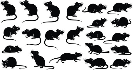 Fototapeta premium Rat silhouette vector set in flat style, black rodent collection with different poses for pest control, wildlife and animal design