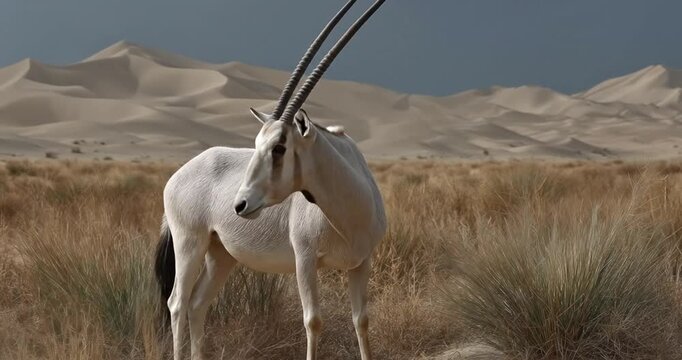 White oryx standing in desert landscape 1.