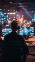 Obraz premium Gamer participates in a tournament with multiple screens and bright lights in the background