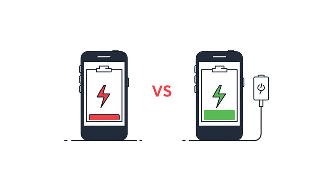 Visual comparison between a smartphone with a low red battery and a phone being charged with a green battery icon and power cable.