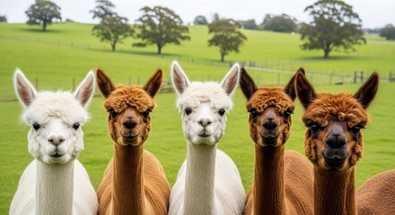 Fototapeta premium Five Curious Alpacas Standing in a Row on a Lush Green Farm Meadow wit