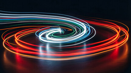 Striking long exposure photograph of vivid car light trails swirling into a captivating spiral on a dark background. © Jacqueline