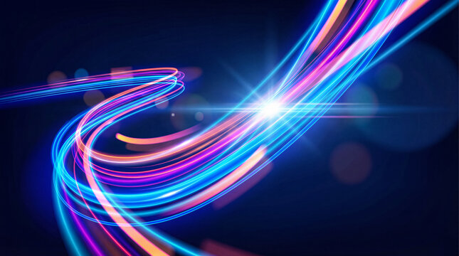 Dynamic abstract light trails forming energetic curves with a bright central glow, symbolizing modern technology.