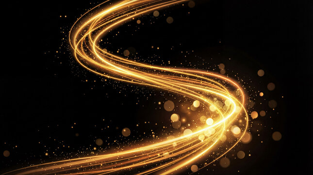 Dynamic golden light trails weave an intricate S-curve with sparkling particles and luminous bokeh on a black backdrop.