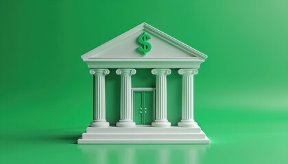 Naklejka premium Classic bank building facade with columns and dollar symbol on green background. Represents finance, money, and wealth. Suitable for business and economic themes.