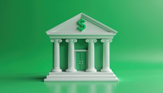 Classic bank building facade with columns and dollar symbol on green background. Represents finance, money, and wealth. Suitable for business and economic themes.