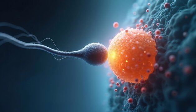 Microscopic view of sperm approaching egg cell. Conception event, new life genesis begins. Biology, science, hope for future. Scenarios 1. Medical journalswebsites explaining reproduction. 2.
