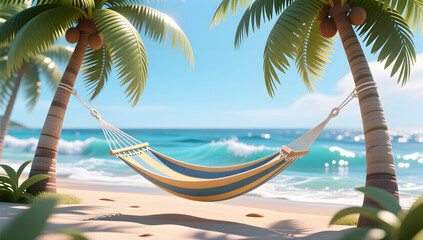 Fototapeta premium Beach hammock under coconut trees for summer relaxation