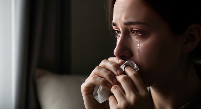 Sad woman crying holding tissue to mouth with tears running down face looking distressed in dim lighting with blurred background symbolizing emotional pain