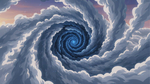 Dramatic aerial view of a powerful atmospheric vortex swirling above a dense sea of clouds