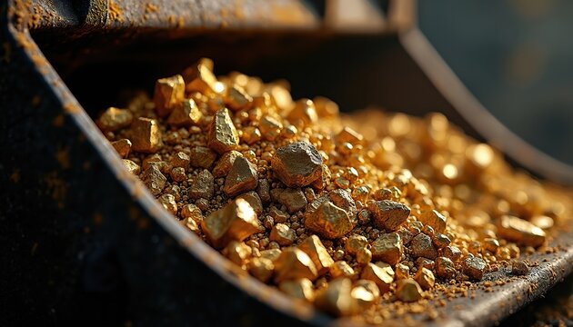 Heap of raw gold nuggets and small pebbles on mining shovel. Precious mineral fragments gleam with golden luster. Earths buried treasure unearthed from deep underground mines.