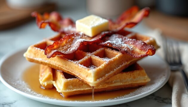 Crispy bacon strips rest on sweet waffles dusted with powdered sugar. A pat of butter melts atop the stack beside a syrup pool. This breakfast delight is served on a white plate.