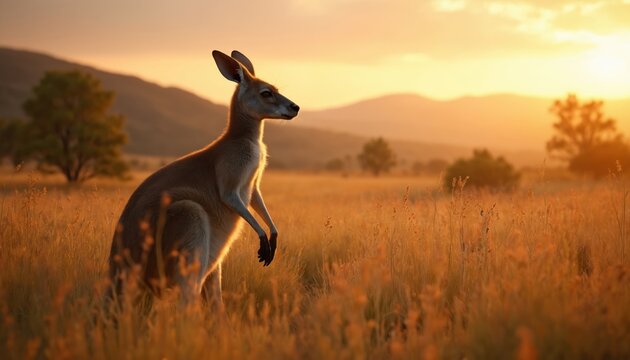 Lone kangaroo stands in tall dry grass during warm sunset light. Outback Australia landscape with hazy hills and trees. Marsupial wildlife in golden hour sun. Animalism nature.