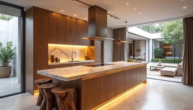 Modern wood kitchen island with marble countertop and unique log stools. Backlit onyx wall and pendant lights create warm ambiance. Open view to courtyard with seating area and lush green tree.