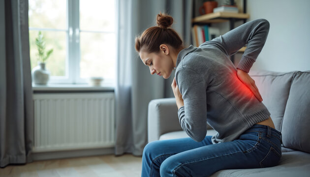 Woman feels sharp lower back pain sitting on couch. She holds her sore back, experiencing discomfort and aching. Health issue affects daily life.