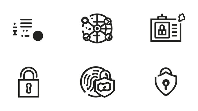 Digital Security Icon Set: A collection of concise icons representing essential digital security concepts, including data, global networks, access control, protection, and authentication.
