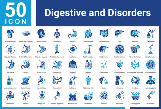 Digestive And Disorders icon set and collection