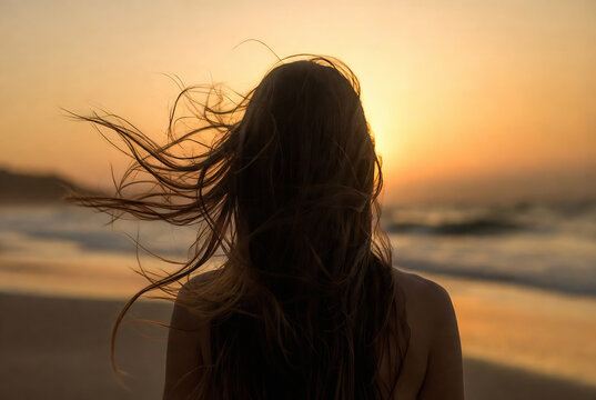 A woman with long hair is silhouetted against a vibrant sunset and ocean at the beach.