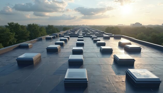 Modern flat roof with many square skylights covered in dark grey membrane. Building exterior with natural light filtering through windows during daytime.