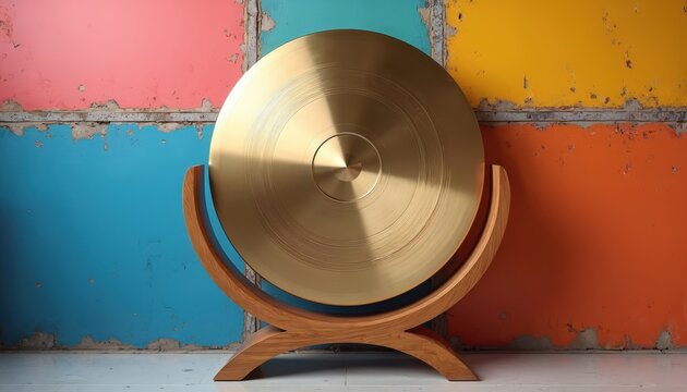 Polished brass gong sits on modern wooden stand before vibrant, distressed wall panels. Contemporary meditation and sound healing tool. Object in studio.